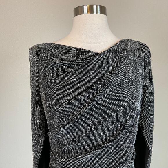 Avery G Black Midi Sheath Cocktail Dress Size 8 Metallic Knit Draped Back - Picture 7 of 14